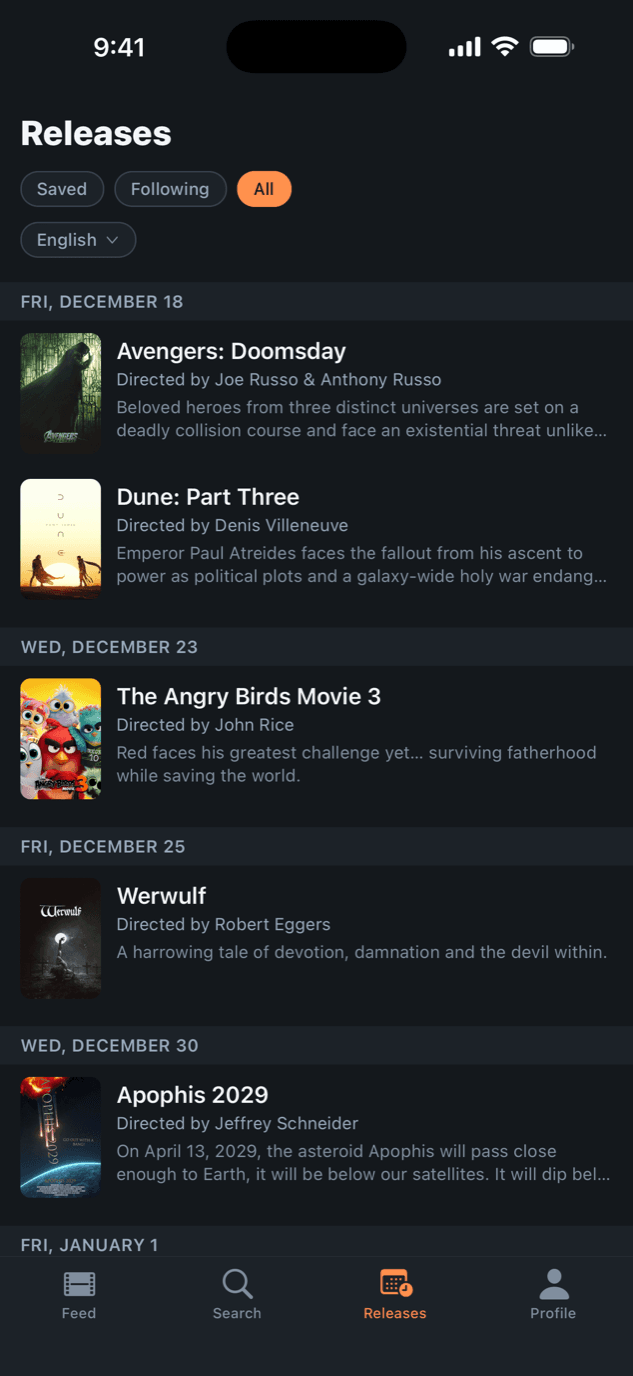 The Newvies release calendar, grouped by date, with Avengers: Doomsday and Dune: Part Three under Friday, December 18.